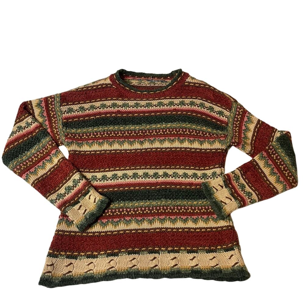 90s Style Grandpa Multicolor Red & Tan Striped Printed Crew Neck Cozy Sweater M